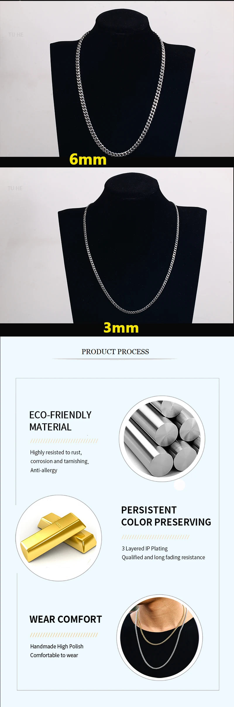 Corrente Masculina Cubana de Aço Inoxidável 3mm/6mm