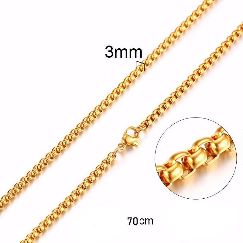 Corrente de caixa redonda para homens meninos, colares de corrente de aço inoxidável banhado a ouro prata preto, presentes de joias unissex, 18 a 30 polegadas