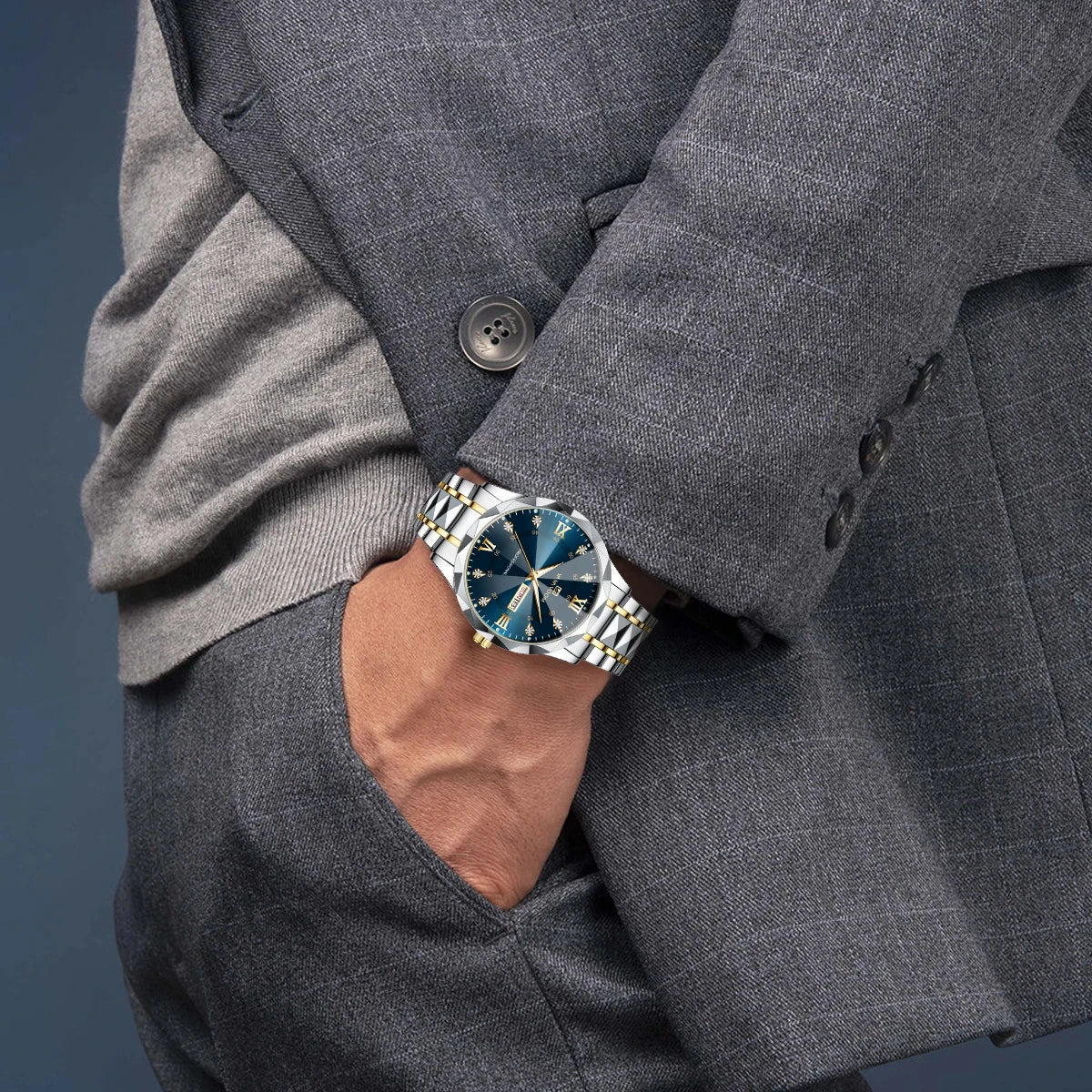 Relógio Masculino Luxo Aço Inoxidável 41mm - Azul/Dourado