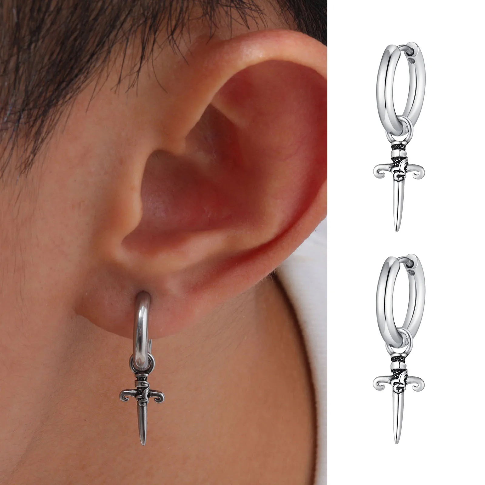 Brincos de Argola Espada Gótica em Aço Inoxidável