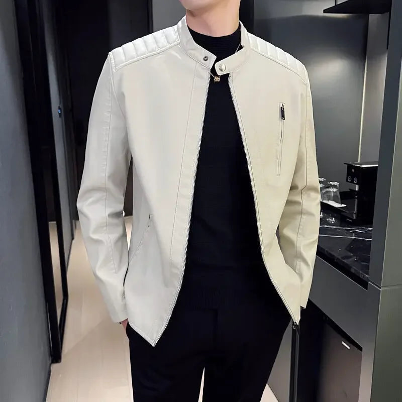 Jaqueta de Couro Masculina Casual com Gola Stand