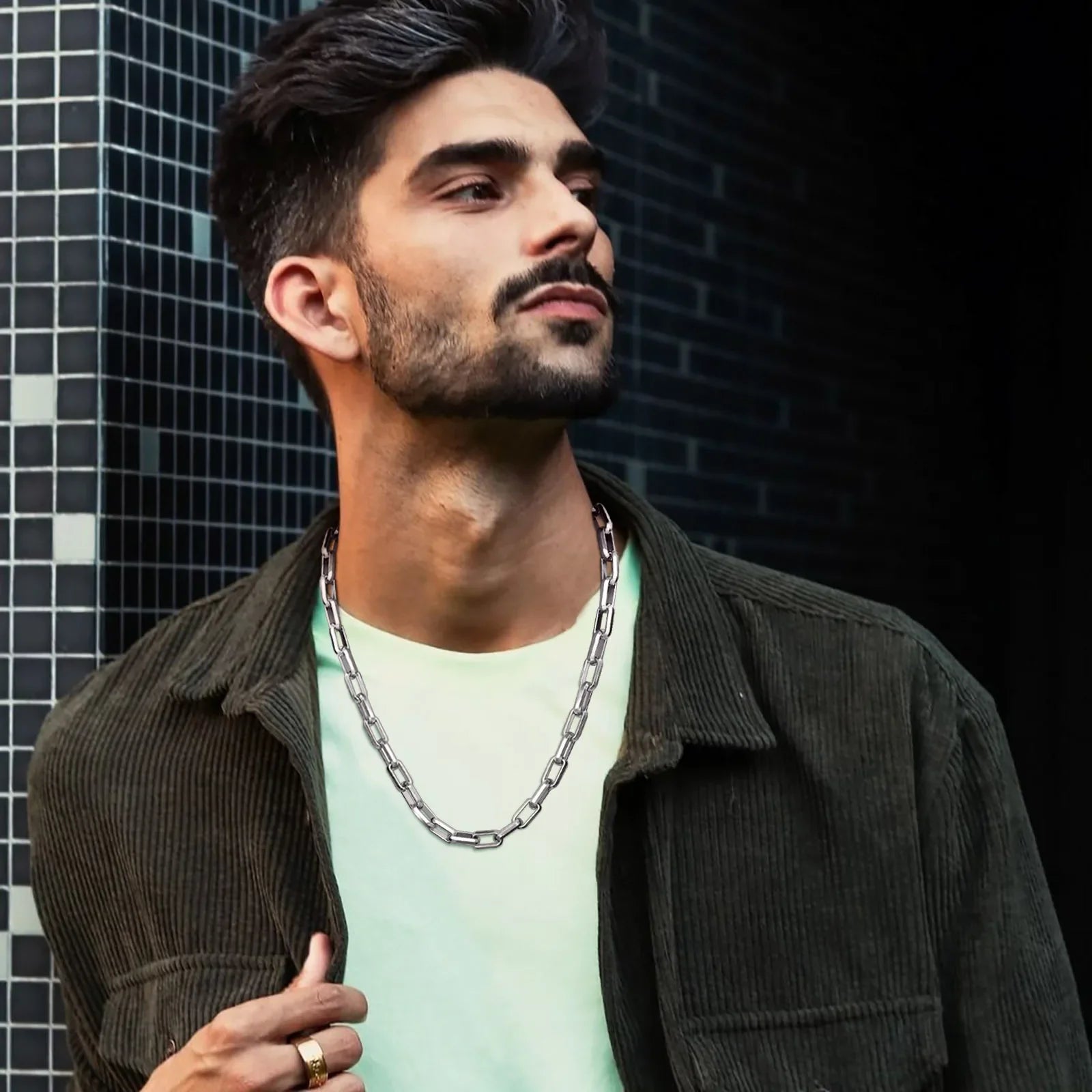 Colar Masculino de Corrente Retangular em Aço Inoxidável