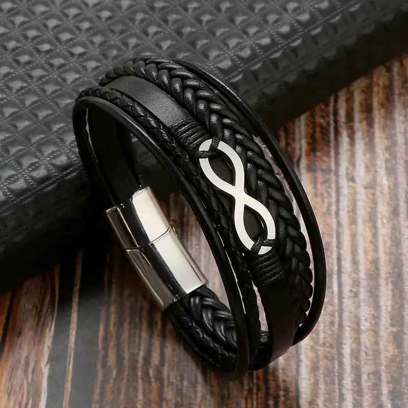 Pulseira de couro masculina multicamadas, aço inoxidável, símbolo do infinito, charme, pulseiras clássicas da moda para homens, joias, presente