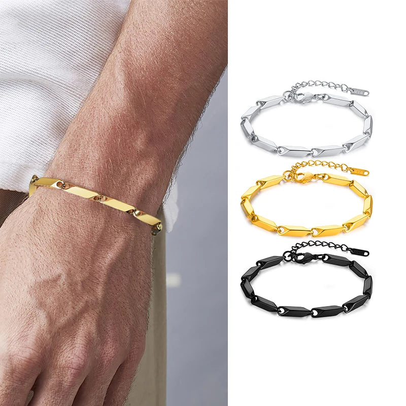 Pulseira Masculina de Aço Inoxidável Banhada a Ouro