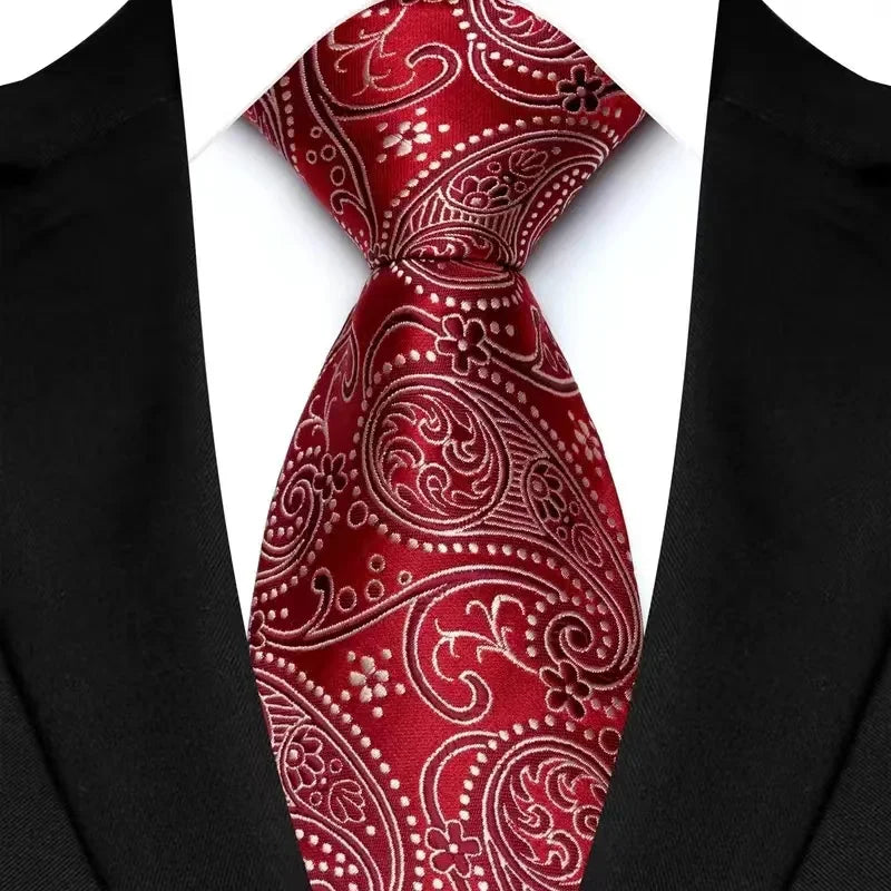 Gravata masculina luxuosa de 8cm, cor vermelha, listras sólidas, paisley, para homens, noivo, jacquard, tecido, gravata de pescoço para negócios, festa de casamento