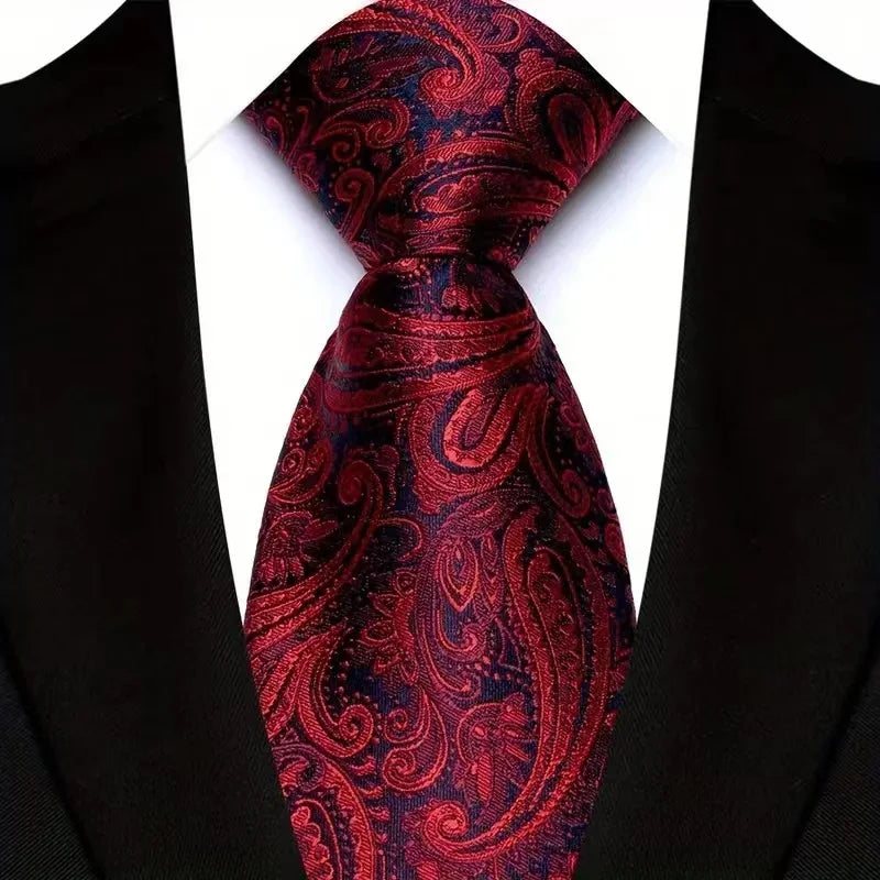 Gravata masculina luxuosa de 8cm, cor vermelha, listras sólidas, paisley, para homens, noivo, jacquard, tecido, gravata de pescoço para negócios, festa de casamento