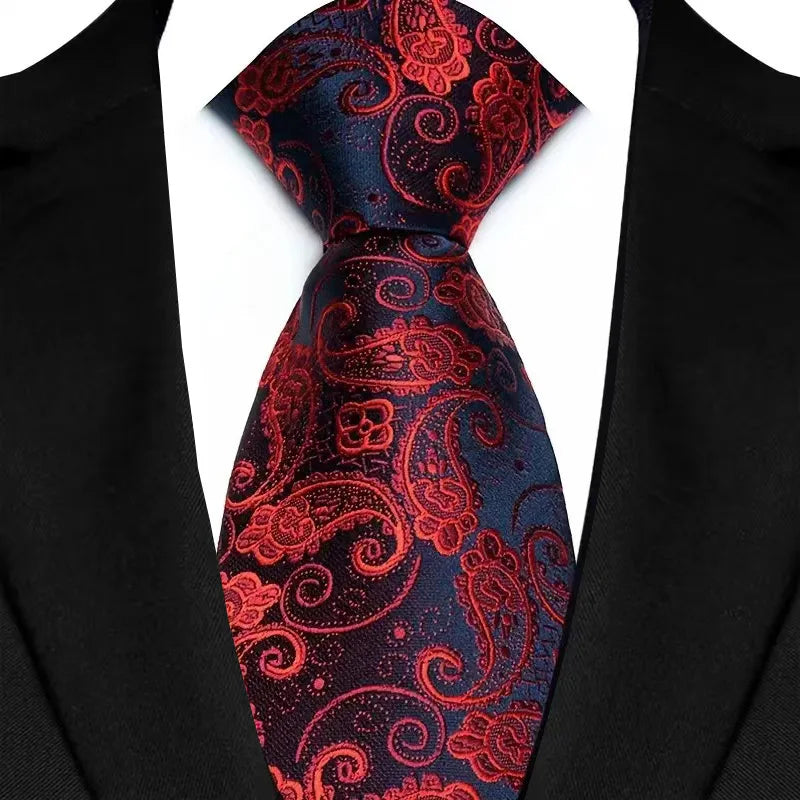 Gravata masculina luxuosa de 8cm, cor vermelha, listras sólidas, paisley, para homens, noivo, jacquard, tecido, gravata de pescoço para negócios, festa de casamento