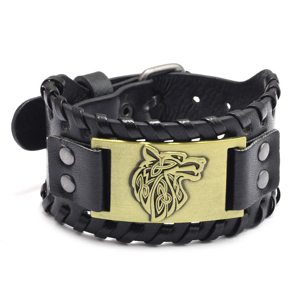 Pulseira trançada de couro viking vintage para homens, pulseira de cabeça lobo celta, modelos animais clássicos, joias na mão, acessórios