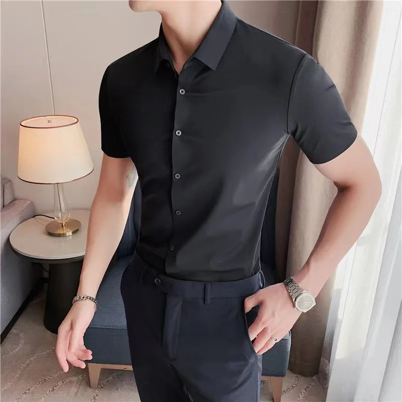 Camisa masculina ultra elástica de manga curta negócios casual respirável extensível resistente à abrasão cor sólida camisa de manga curta