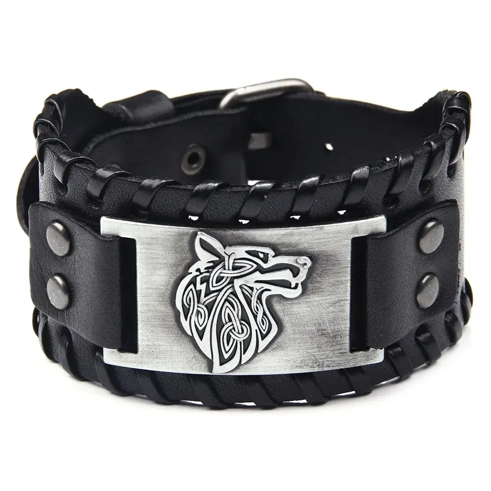 Pulseira trançada de couro viking vintage para homens, pulseira de cabeça lobo celta, modelos animais clássicos, joias na mão, acessórios