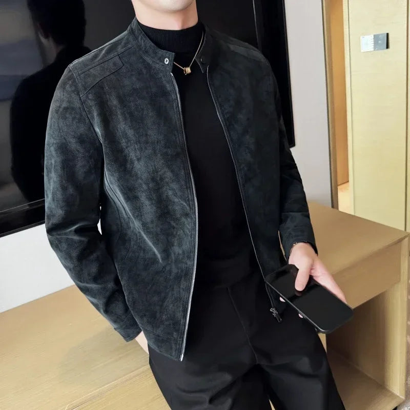 Jaqueta de Couro Masculina Estilo Britânico