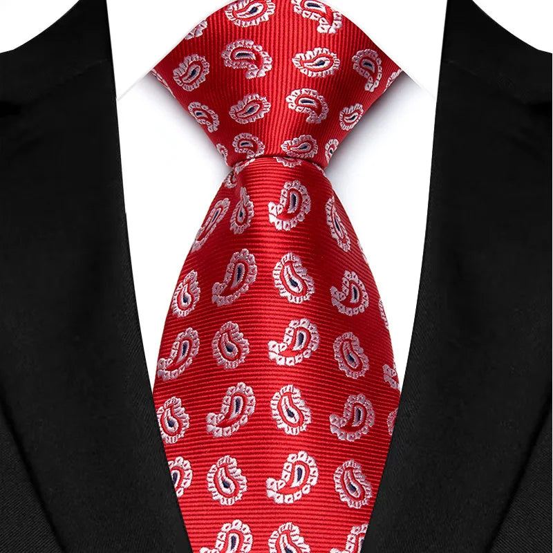 Gravata masculina luxuosa de 8cm, cor vermelha, listras sólidas, paisley, para homens, noivo, jacquard, tecido, gravata de pescoço para negócios, festa de casamento