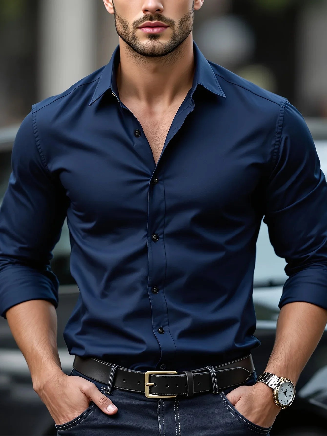 Camisa Masculina Elástica Casual para Todas as Estações