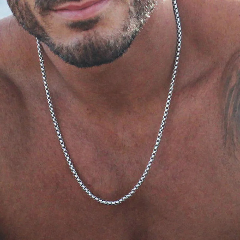 Corrente de caixa redonda para homens meninos, colares de corrente de aço inoxidável banhado a ouro prata preto, presentes de joias unissex, 18 a 30 polegadas