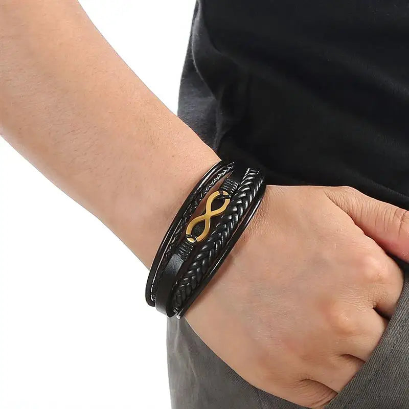 Pulseira de couro masculina multicamadas, aço inoxidável, símbolo do infinito, charme, pulseiras clássicas da moda para homens, joias, presente