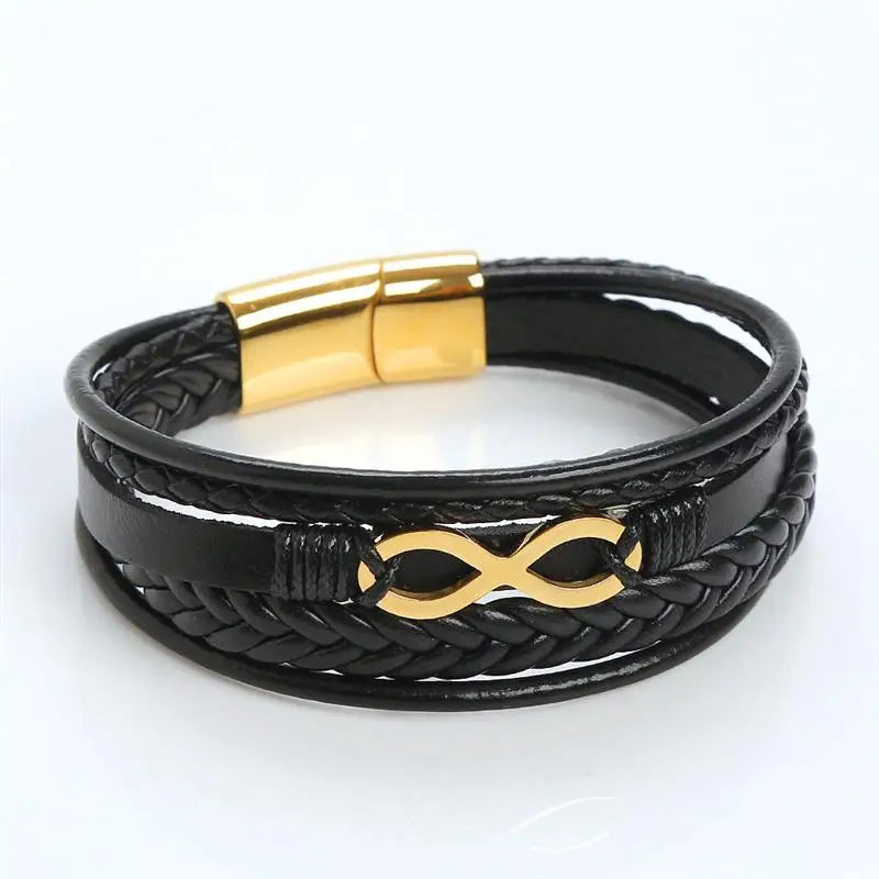 Pulseira de couro masculina multicamadas, aço inoxidável, símbolo do infinito, charme, pulseiras clássicas da moda para homens, joias, presente