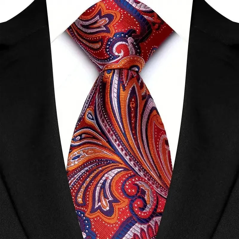 Gravata masculina luxuosa de 8cm, cor vermelha, listras sólidas, paisley, para homens, noivo, jacquard, tecido, gravata de pescoço para negócios, festa de casamento