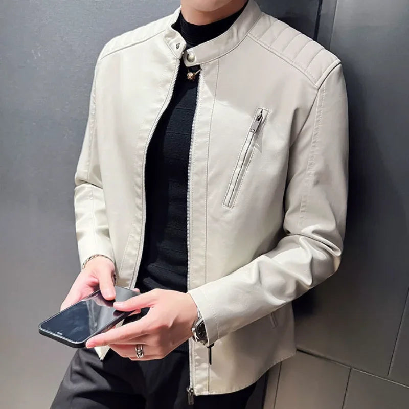 Jaqueta de Couro Masculina Casual com Gola Stand