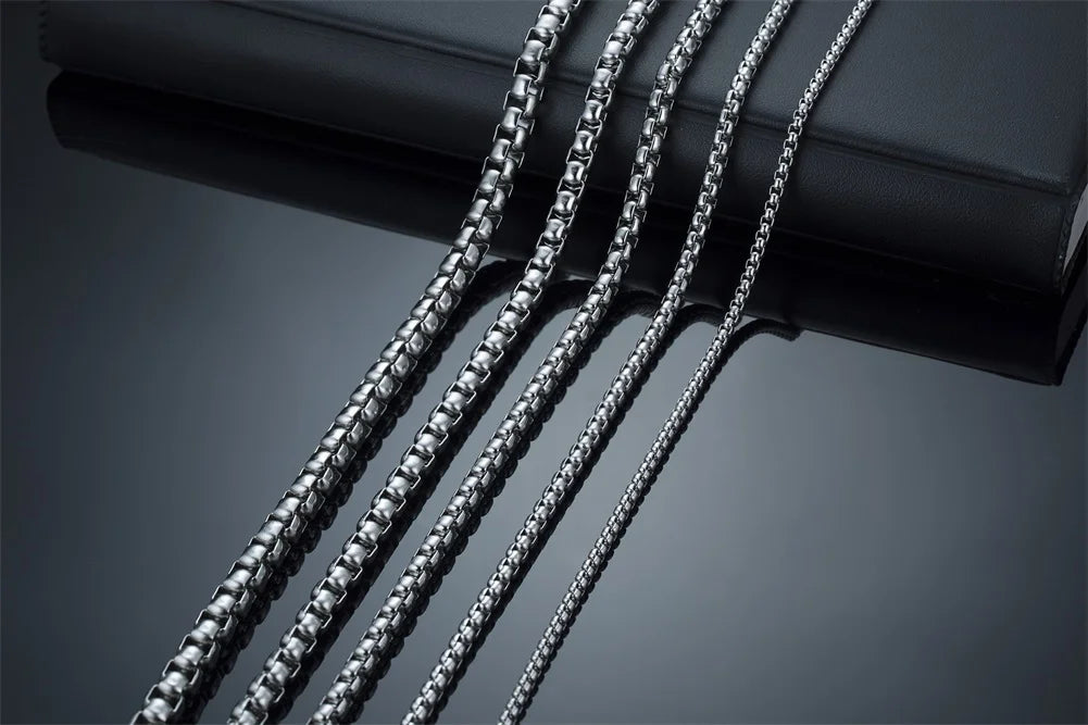 Corrente de caixa redonda para homens meninos, colares de corrente de aço inoxidável banhado a ouro prata preto, presentes de joias unissex, 18 a 30 polegadas