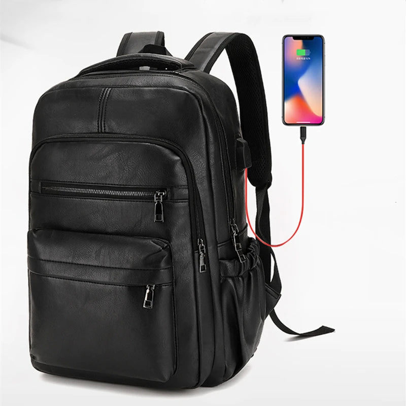 Mochila Masculina de Couro PU com Carregamento USB