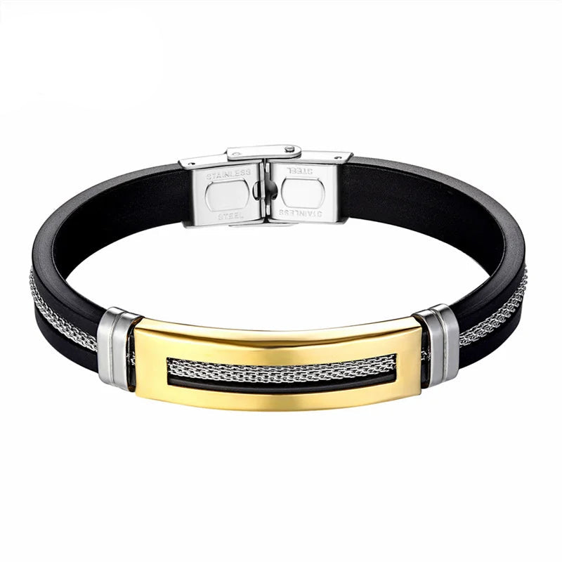 Pulseira Masculina de Aço Inoxidável e Silicone