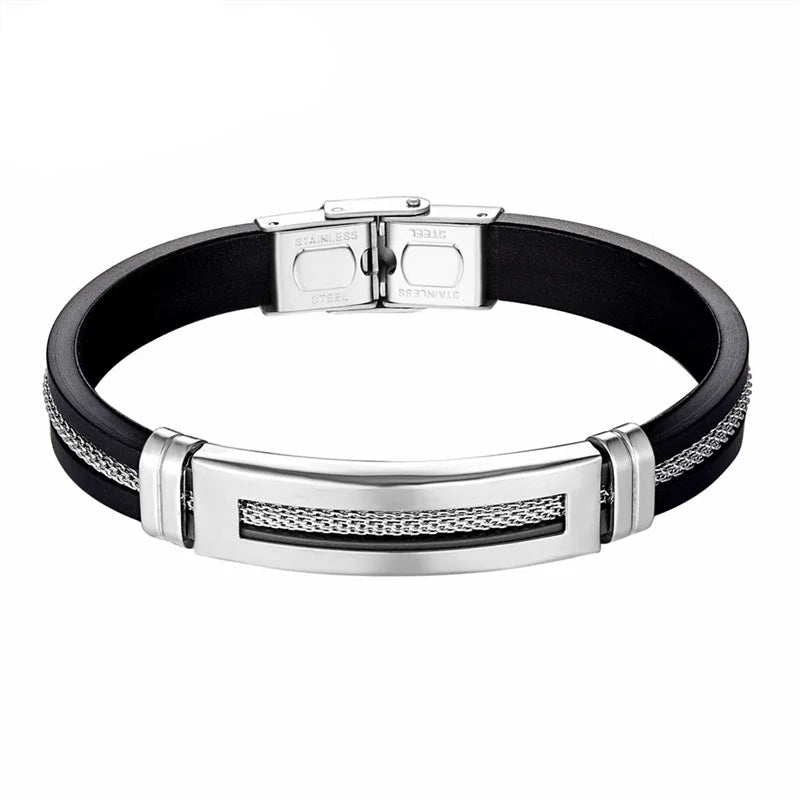 Pulseira Masculina de Aço Inoxidável e Silicone
