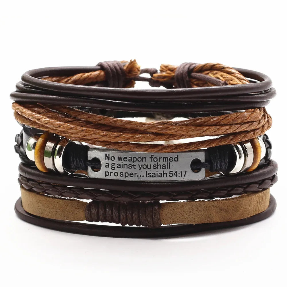 3 Pçs/set Pulseiras De Couro Homens Pulseiras Para Mulheres Contas De Madeira Pena CONFIANTE NO DEUS Cruz Charme Homme Presente Jóias Frete Grátis