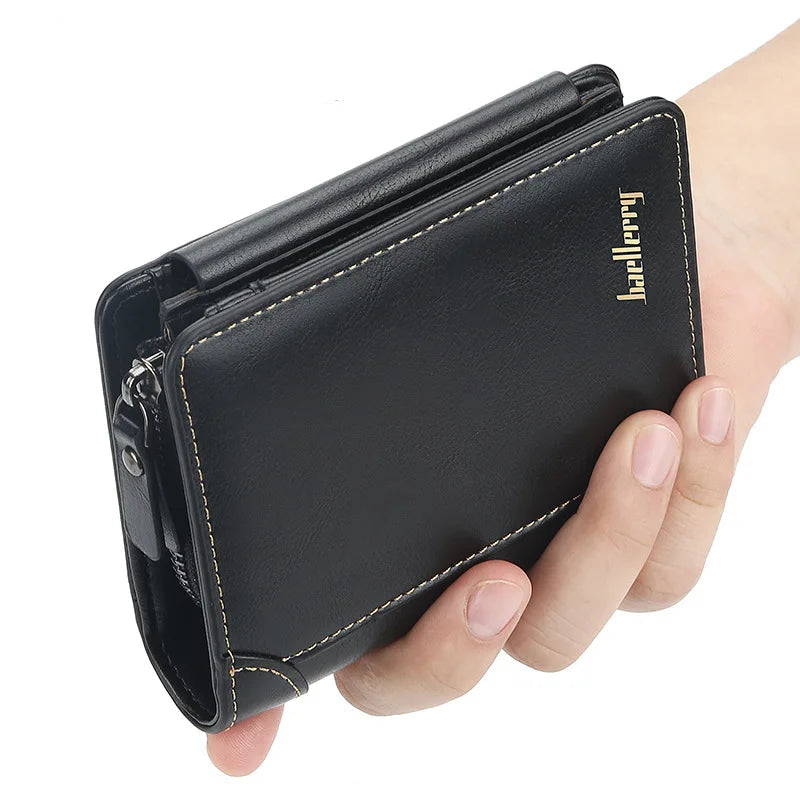 Carteira Masculina de Couro PU com Zíper e Porta-Cartões