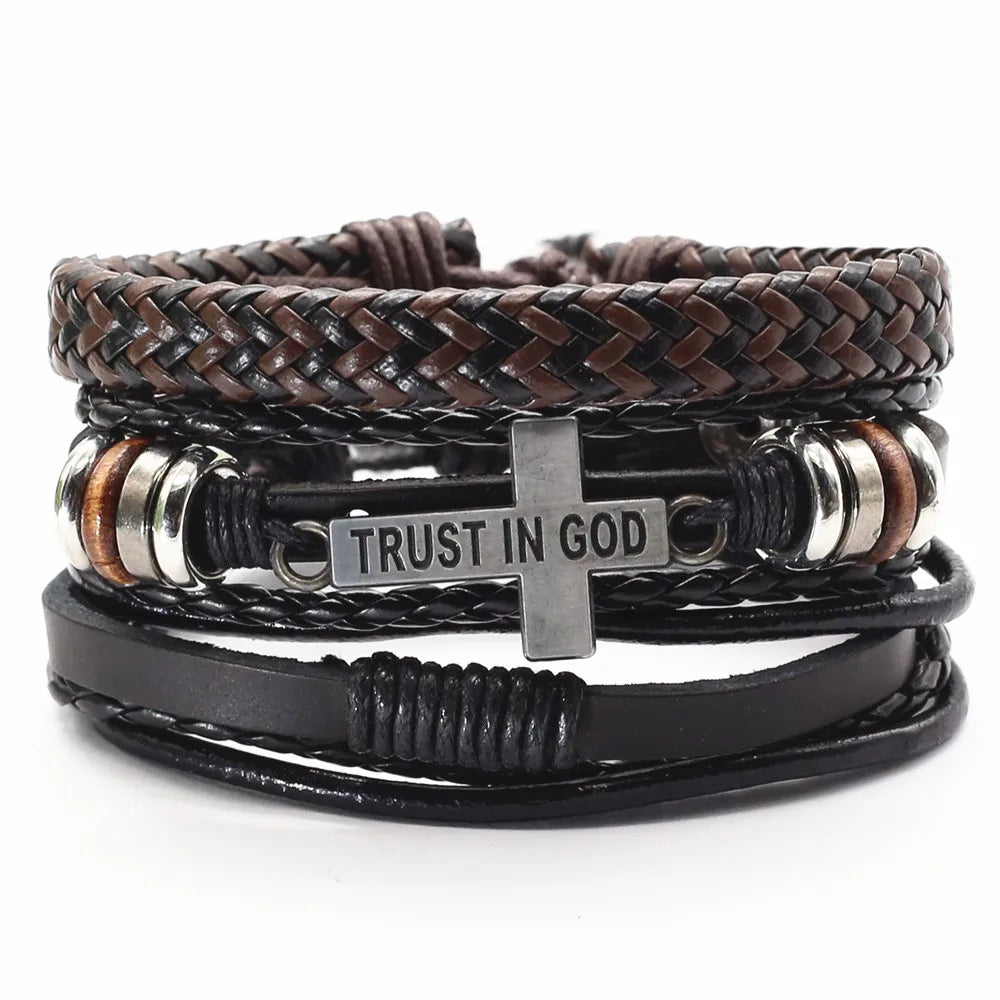 3 Pçs/set Pulseiras De Couro Homens Pulseiras Para Mulheres Contas De Madeira Pena CONFIANTE NO DEUS Cruz Charme Homme Presente Jóias Frete Grátis
