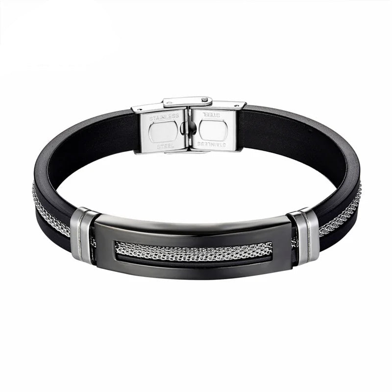 Pulseira Masculina de Aço Inoxidável e Silicone