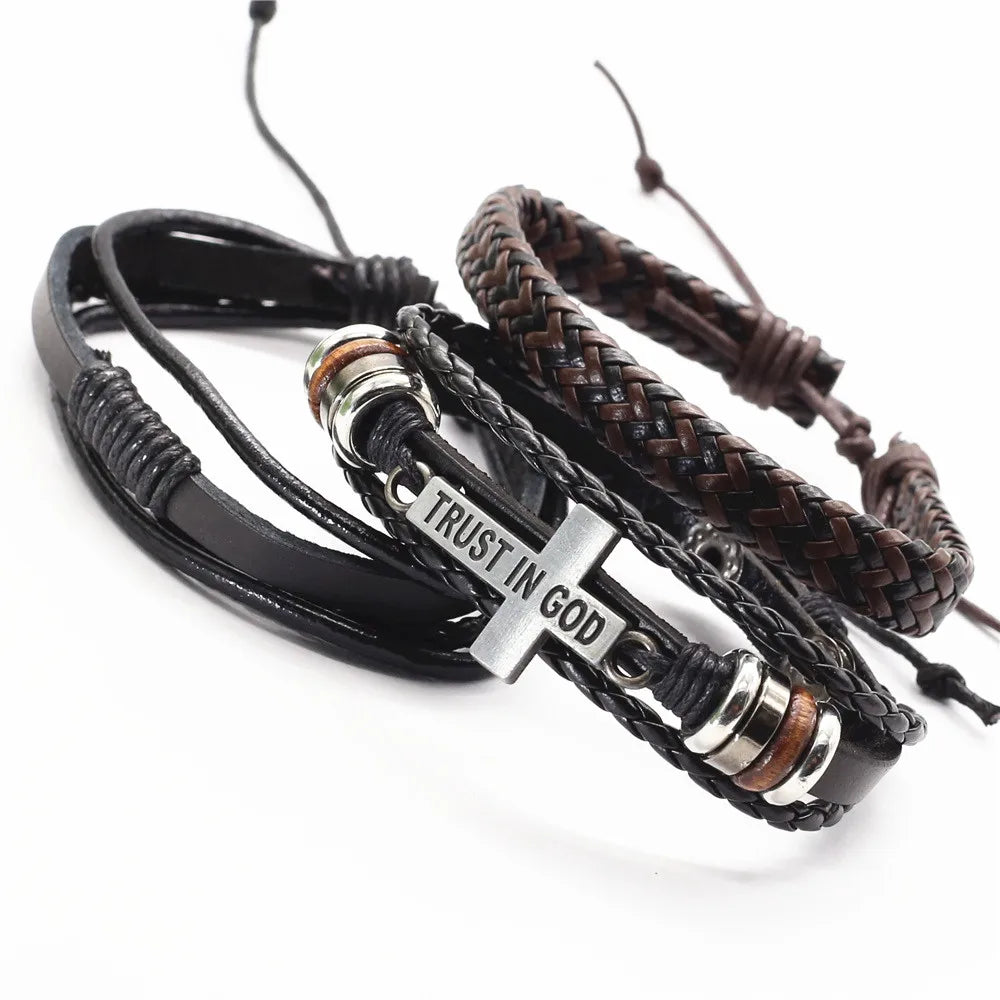 3 Pçs/set Pulseiras De Couro Homens Pulseiras Para Mulheres Contas De Madeira Pena CONFIANTE NO DEUS Cruz Charme Homme Presente Jóias Frete Grátis