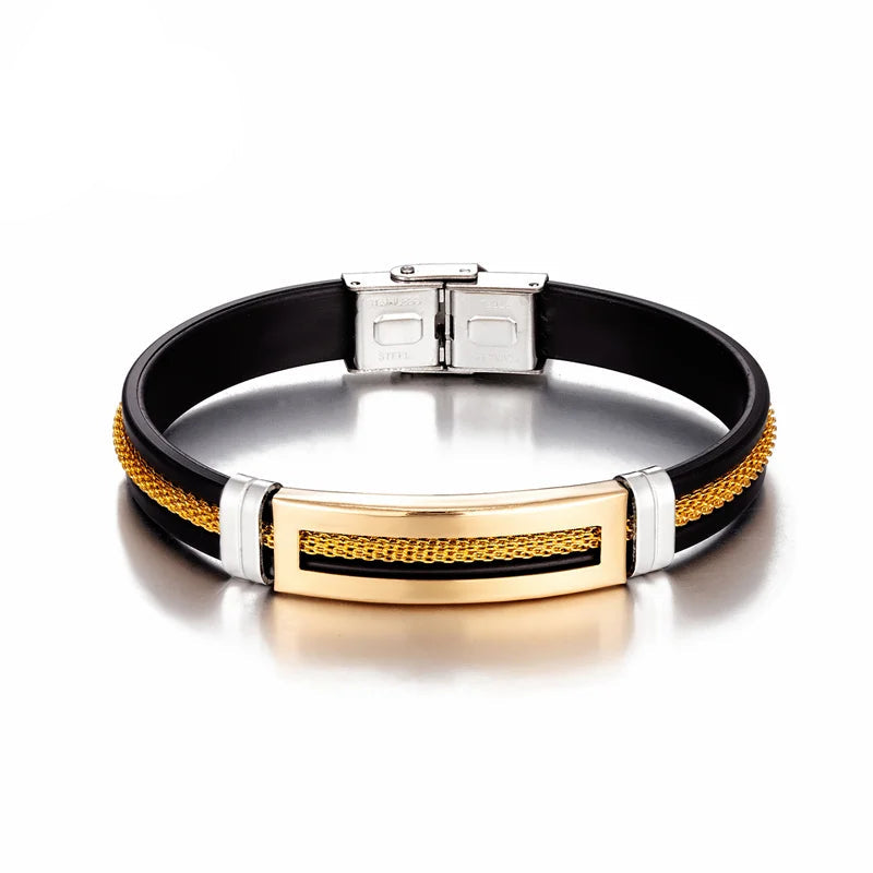 Pulseira Masculina de Aço Inoxidável e Silicone