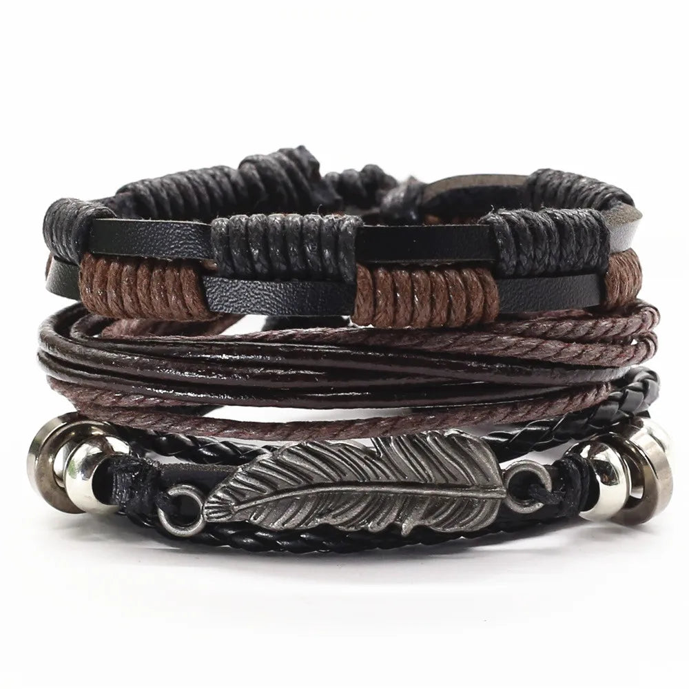 3 Pçs/set Pulseiras De Couro Homens Pulseiras Para Mulheres Contas De Madeira Pena CONFIANTE NO DEUS Cruz Charme Homme Presente Jóias Frete Grátis