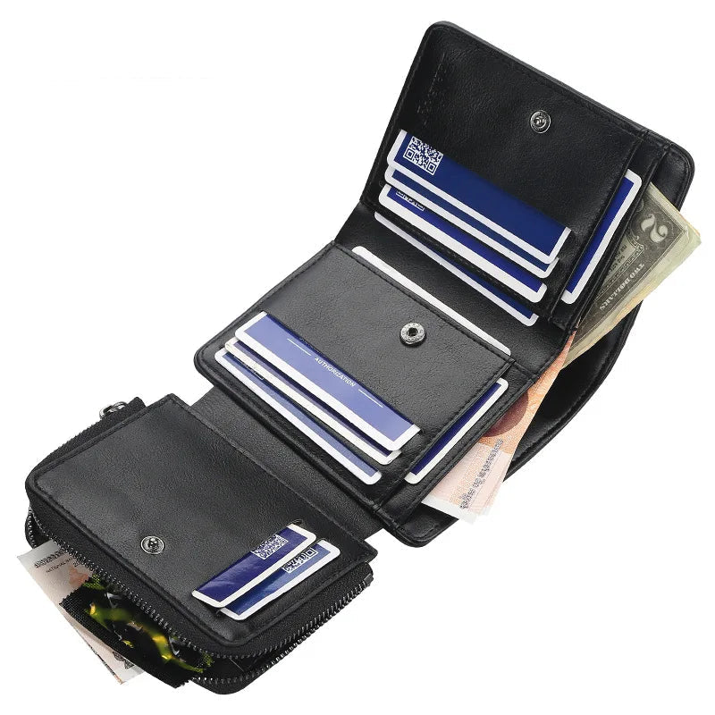 Carteira Masculina de Couro PU com Zíper e Porta-Cartões
