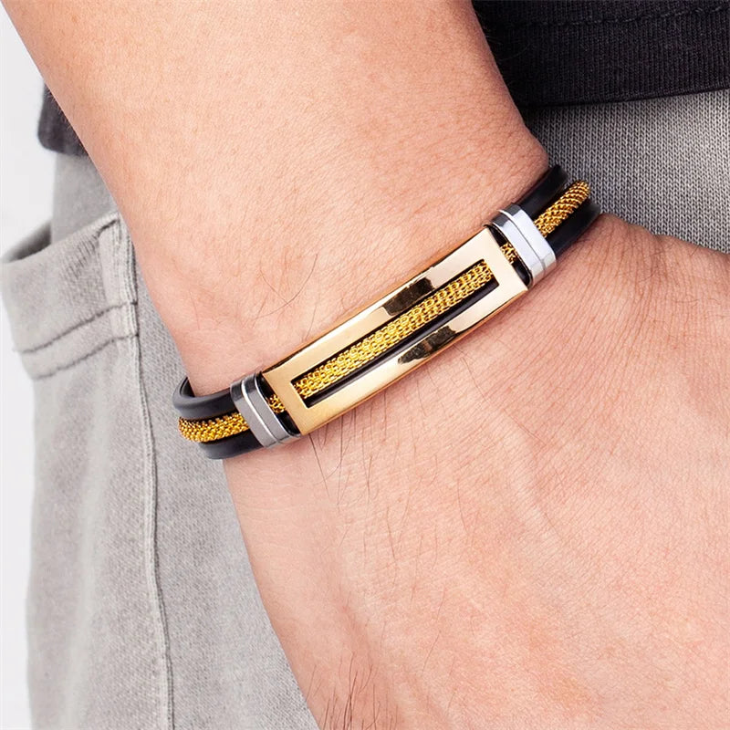 Pulseira Masculina de Aço Inoxidável e Silicone