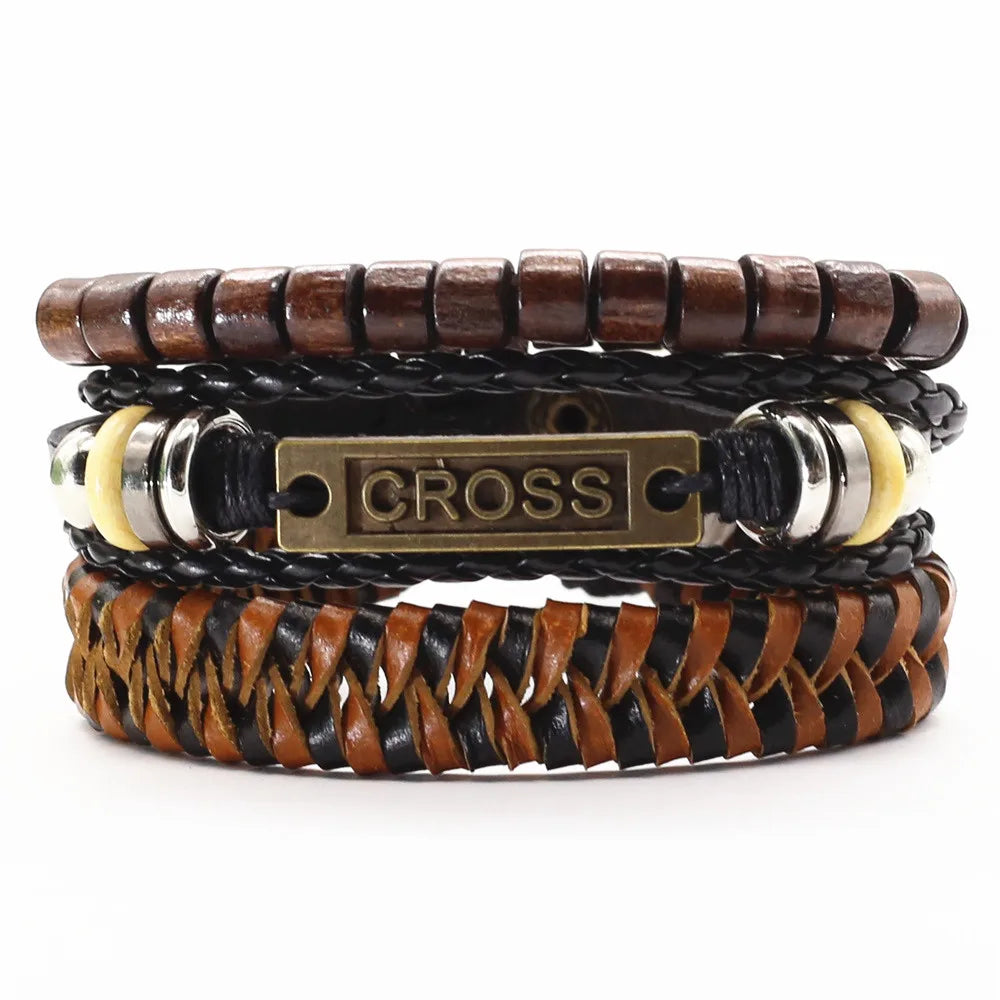 3 Pçs/set Pulseiras De Couro Homens Pulseiras Para Mulheres Contas De Madeira Pena CONFIANTE NO DEUS Cruz Charme Homme Presente Jóias Frete Grátis
