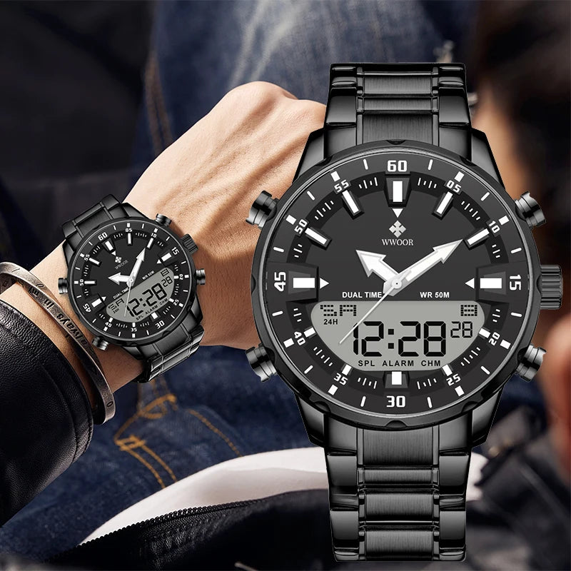 Relógio Masculino WWOOR Luxo Digital Militar à Prova D'Água