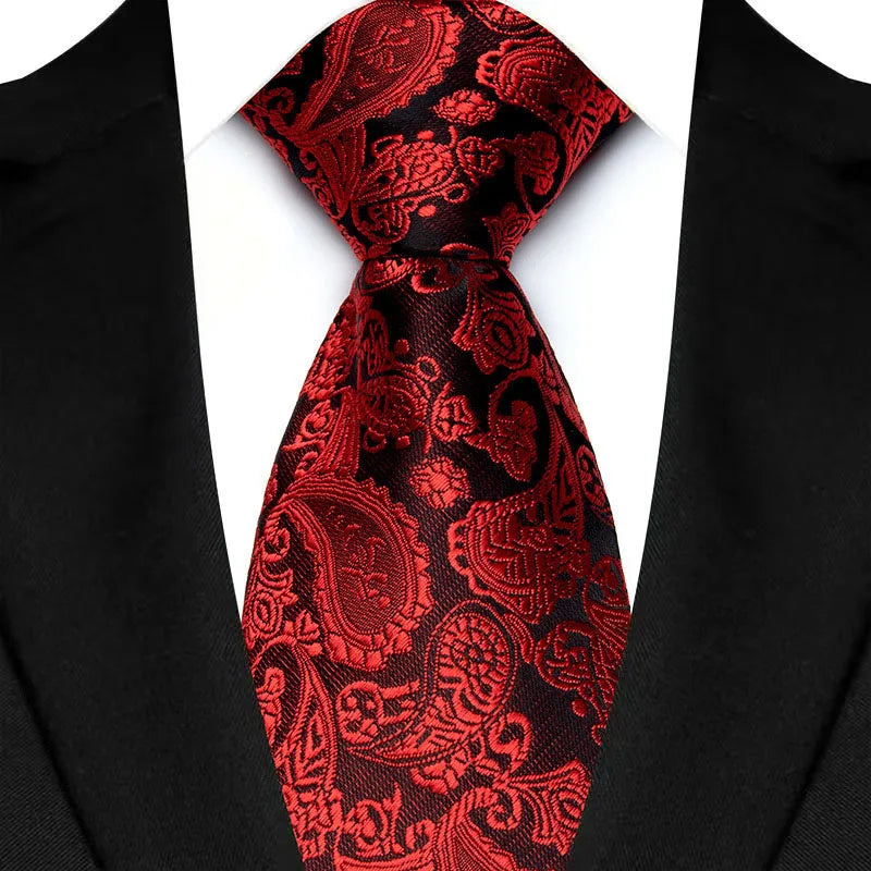 Gravata masculina luxuosa de 8cm, cor vermelha, listras sólidas, paisley, para homens, noivo, jacquard, tecido, gravata de pescoço para negócios, festa de casamento