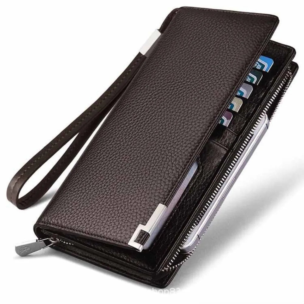 Carteira Masculina Longa Multi-slot em Couro PU com Zíper
