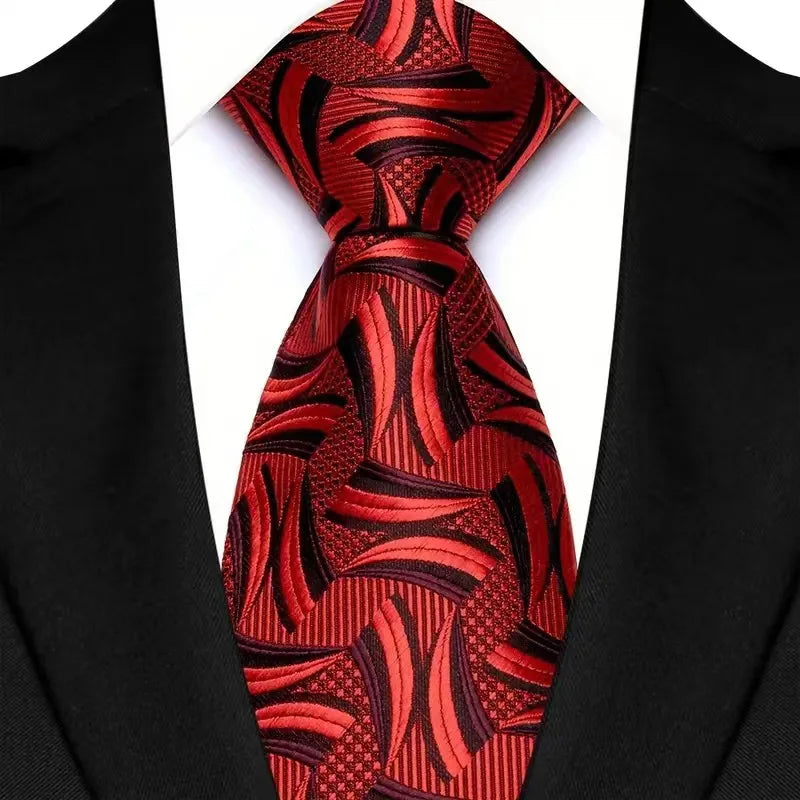 Gravata masculina luxuosa de 8cm, cor vermelha, listras sólidas, paisley, para homens, noivo, jacquard, tecido, gravata de pescoço para negócios, festa de casamento