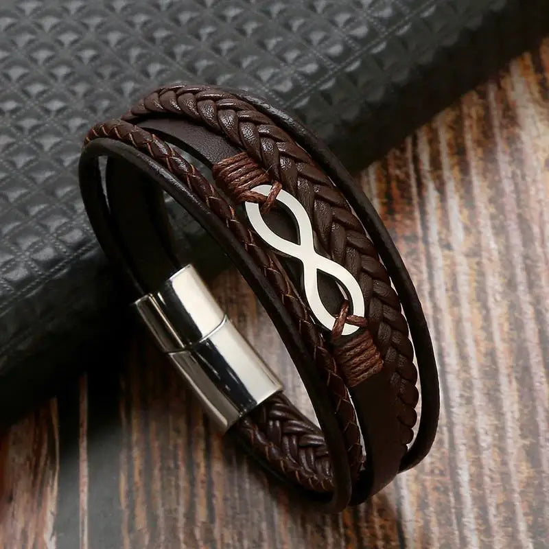 Pulseira de couro masculina multicamadas, aço inoxidável, símbolo do infinito, charme, pulseiras clássicas da moda para homens, joias, presente