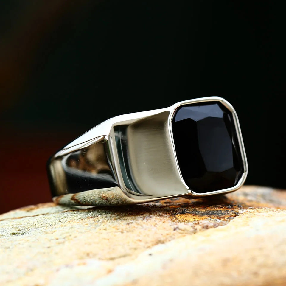 Anel Masculino Ônix Preto em Aço Inoxidável 316L