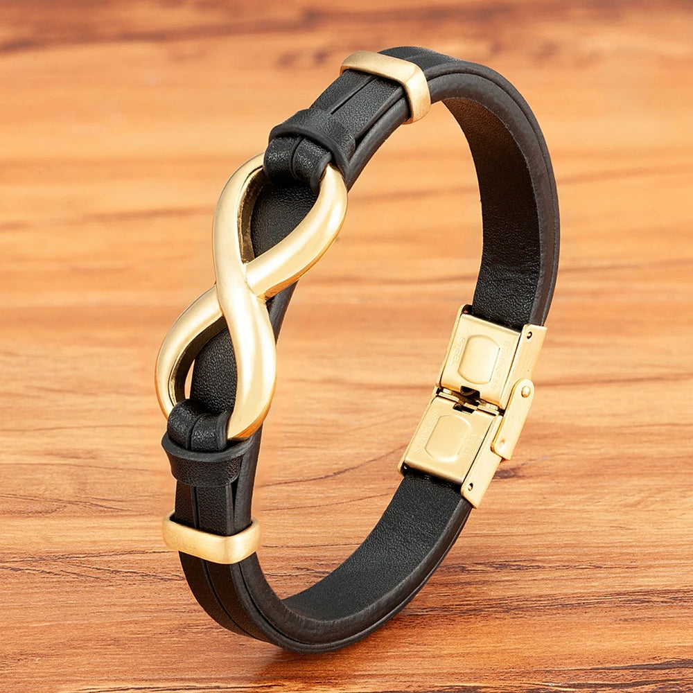 Tyo luxo couro genuíno símbolo do infinito pulseira dos homens fivela de aço inoxidável casal pulseiras jóias dropshipping atacado