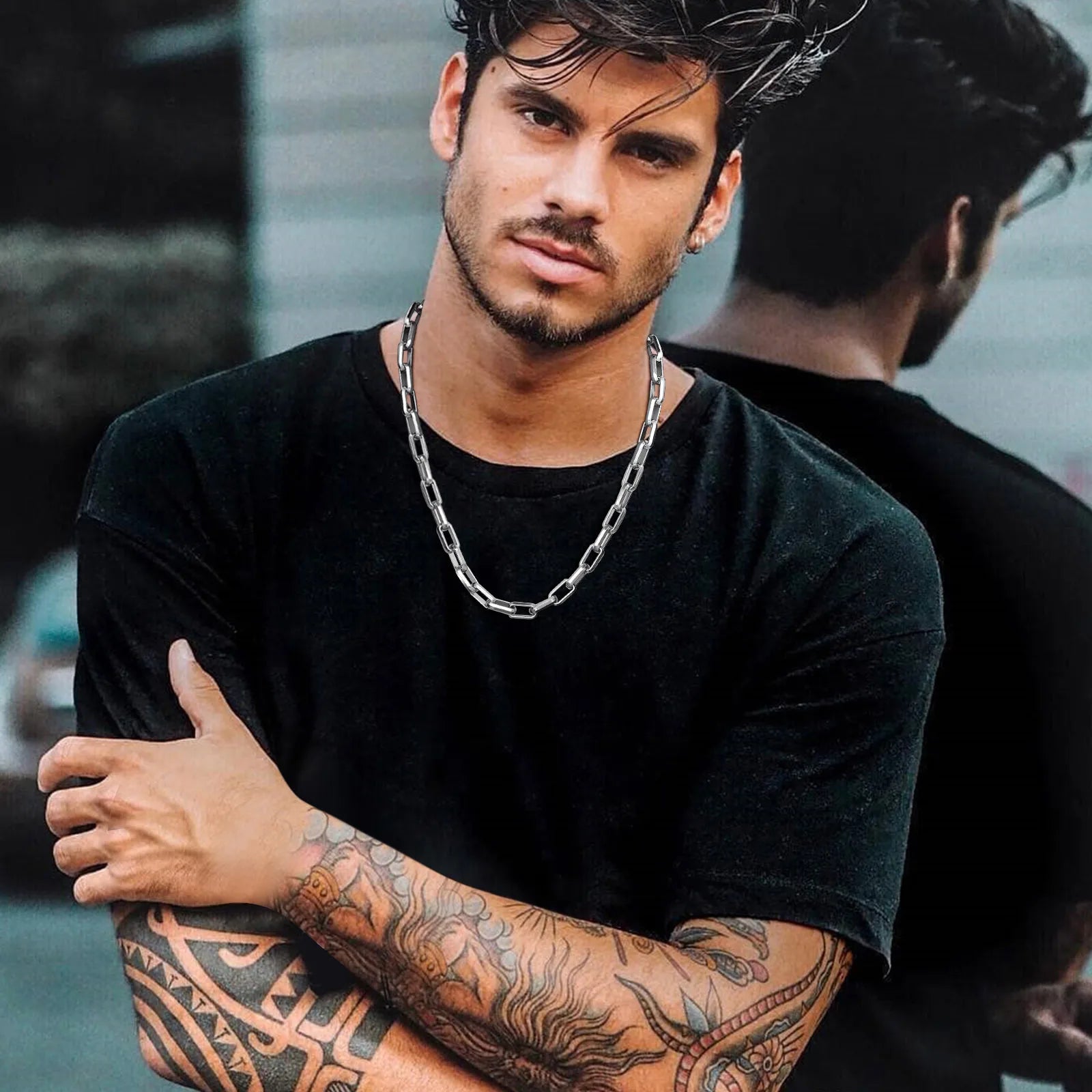 Colar Masculino de Corrente Retangular em Aço Inoxidável