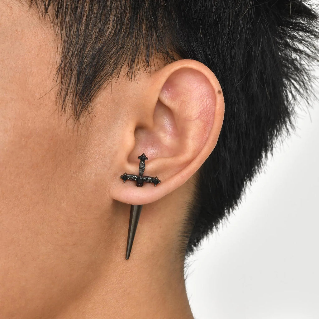Brincos Masculinos Góticos Espada com Pedra Preta