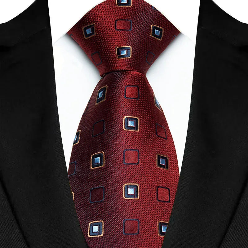 Gravata masculina luxuosa de 8cm, cor vermelha, listras sólidas, paisley, para homens, noivo, jacquard, tecido, gravata de pescoço para negócios, festa de casamento