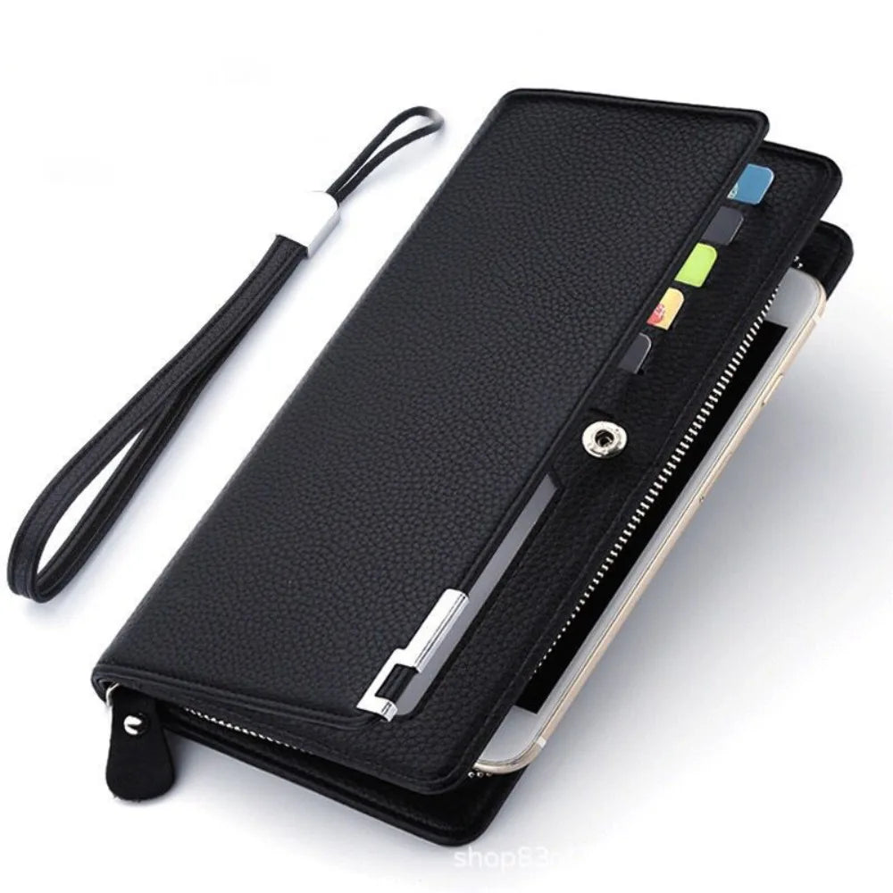 Carteira Masculina Longa Multi-slot em Couro PU com Zíper