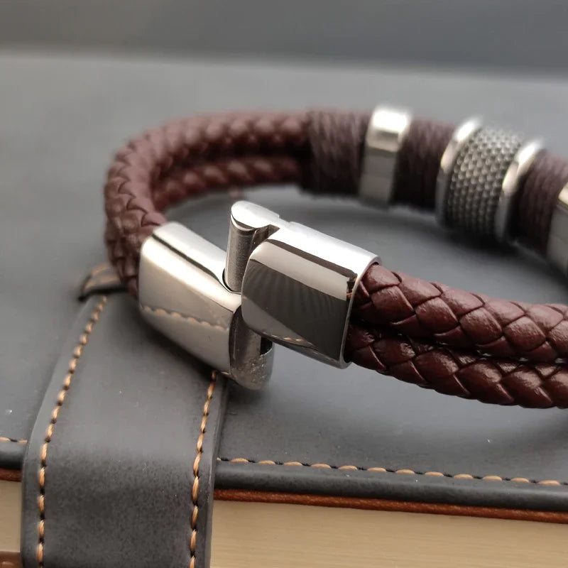 Luxo vintage multicamadas de couro marrom aço inoxidável pulseira masculina grânulo jóias masculino pulseira de pulso presentes de natal