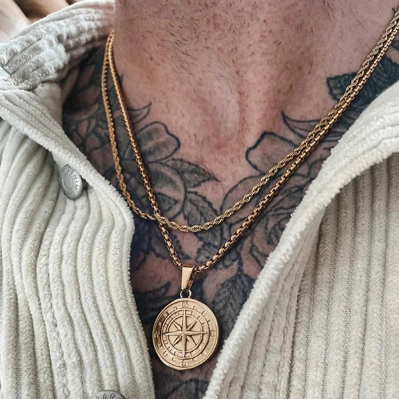 Colar Bússola Viking,Corrente de Ouro Masculina-Loja Melanio