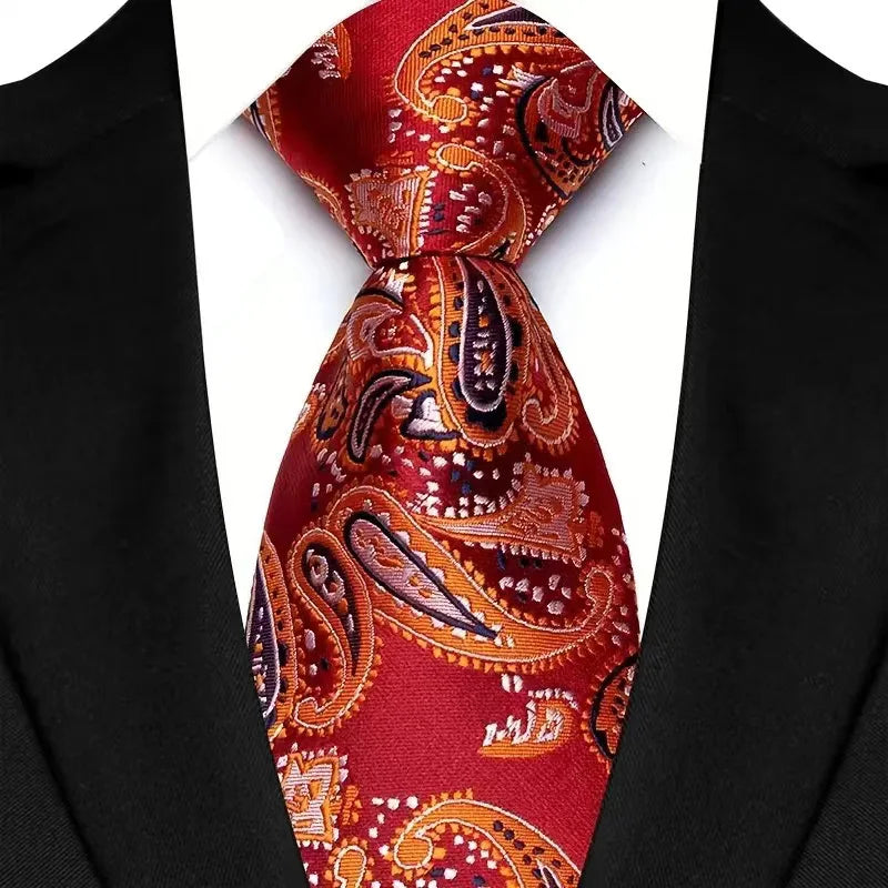 Gravata masculina luxuosa de 8cm, cor vermelha, listras sólidas, paisley, para homens, noivo, jacquard, tecido, gravata de pescoço para negócios, festa de casamento